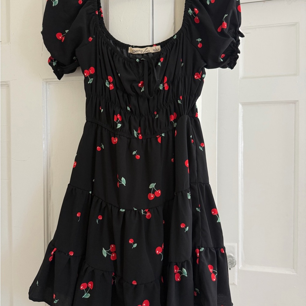 Liberty Love Black Mini Dress with Cherry Print